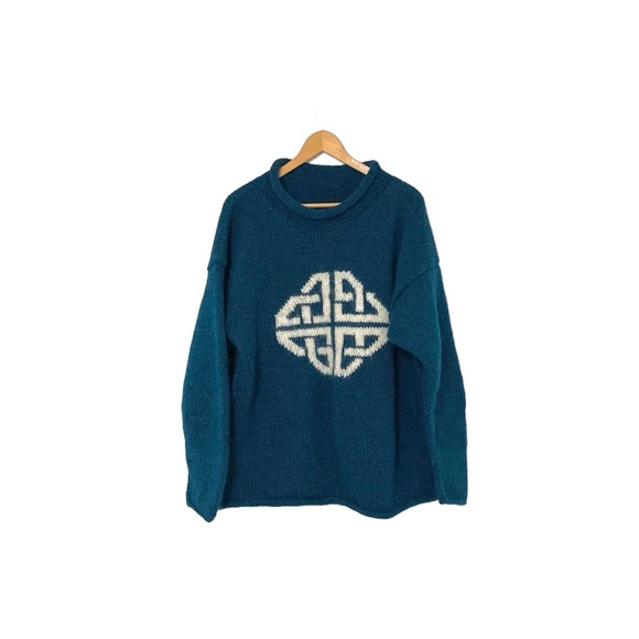 Handmade Sweaters - Hand Knit Celtic Design - Teal - Roll Collar Wool Sweater - Unisex - Size L XL